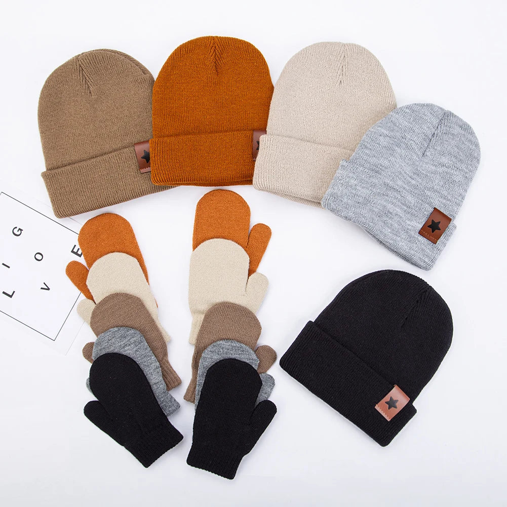 Effen kleur warme gebreide mutsen met handschoen sets 3-8 Jaar