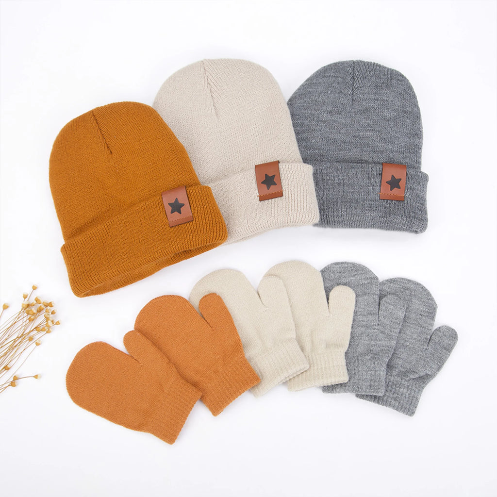 Effen kleur warme gebreide mutsen met handschoen sets 3-8 Jaar